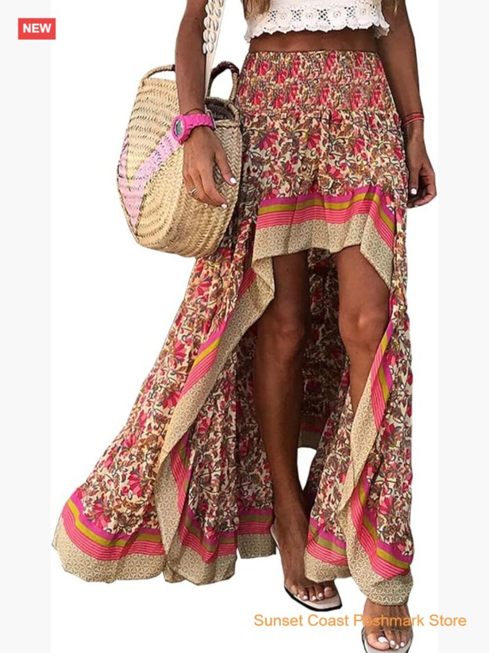 Women Floral Print High Low Ruffle Maxi Skirt Elastic Waist Side Split Beach